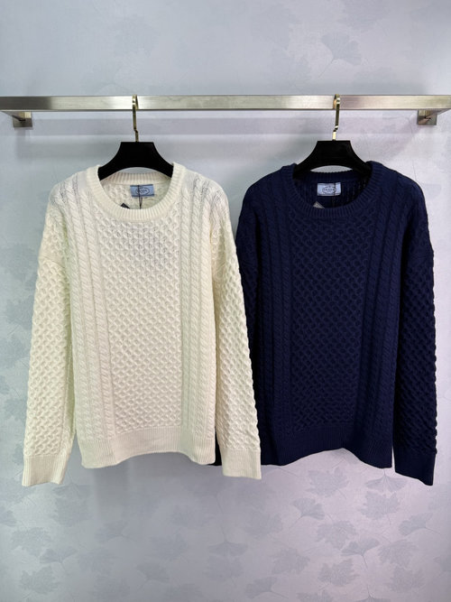 Prada Twisted Knit Sweater with Diamond Pattern, Round Neck and Loose Fit, Popular for All Ages