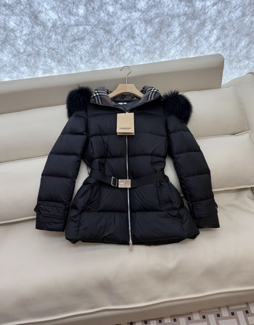 Burberry Short Checked Down Jacket with Oversized Fox Fur Collar, Three Color Alternatives