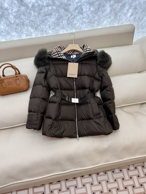 Burberry Short Checked Down Jacket with Oversized Fox Fur Collar, Three Color Alternatives