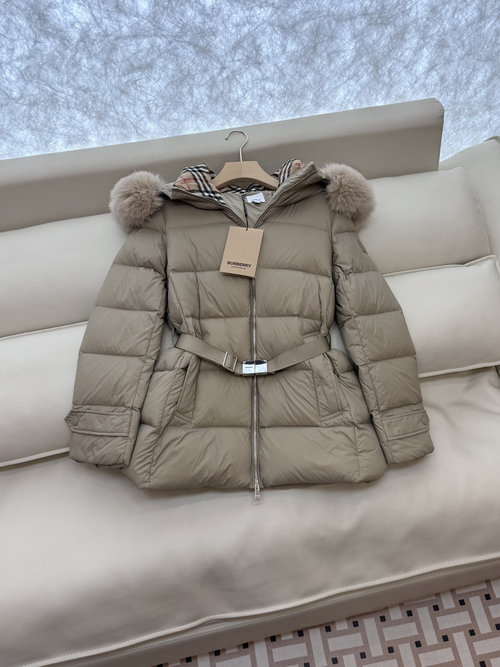 Burberry Short Checked Down Jacket with Oversized Fox Fur Collar, Three Color Alternatives
