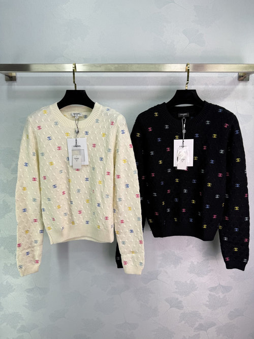 Chanel Colorful Logo Embroidered Crew Neck Long Sleeve Top