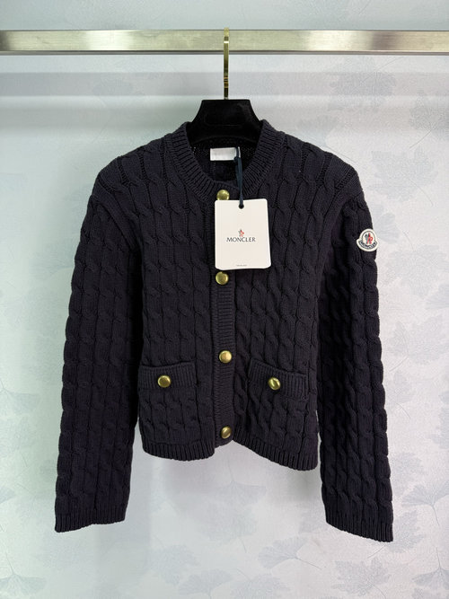 Moncler Customized Cotton Knit Cardigan with Twisted Pattern and Gold Buttons