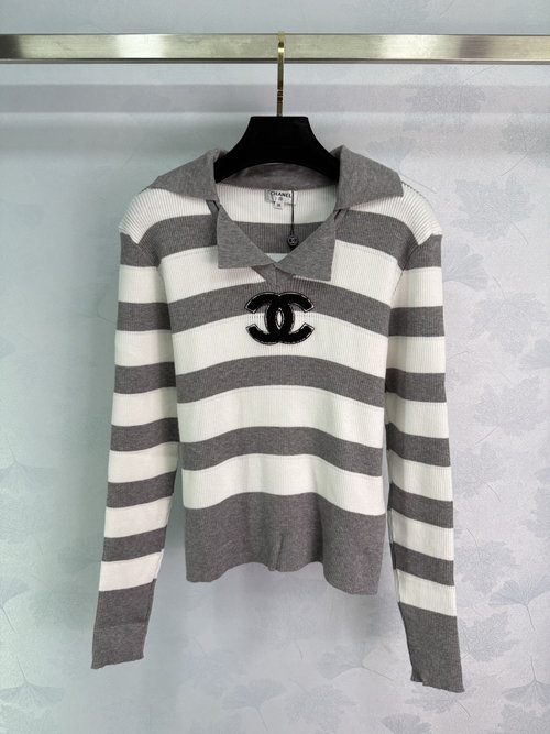 Chanel Striped V - Neck Knit Long - Sleeve with Double C Decoration