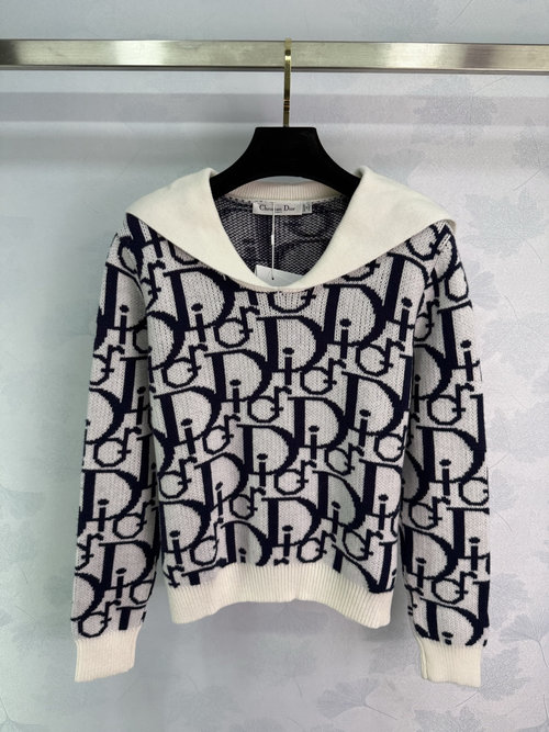 Dior Trendy Contrast Letter Jacquard Navy Collar Sweater