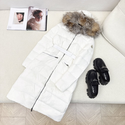 Moncler Classic Hooded Long Down Jacket with Imported Raccoon Fur Collar