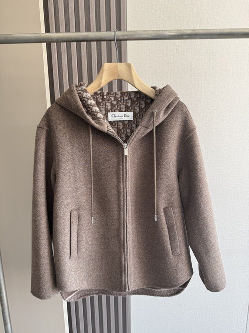 Dior Premium Dior-style Coffee-colored Hooded Single-zip Jacket with Dust Bag