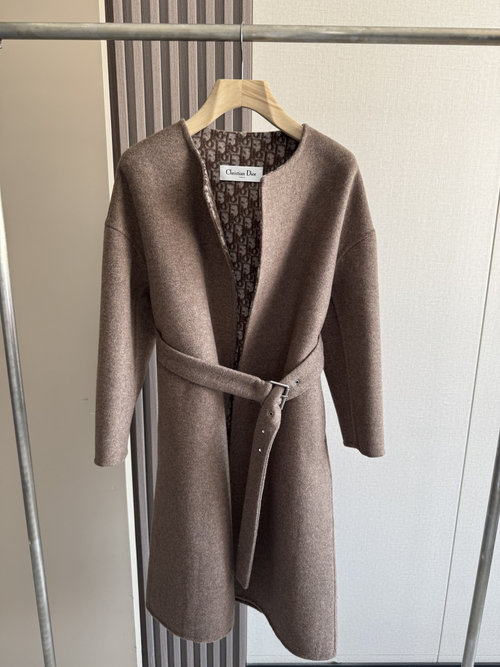 Dior High-Quality Dior Brown Round Neck Long Coat with Dust Bag