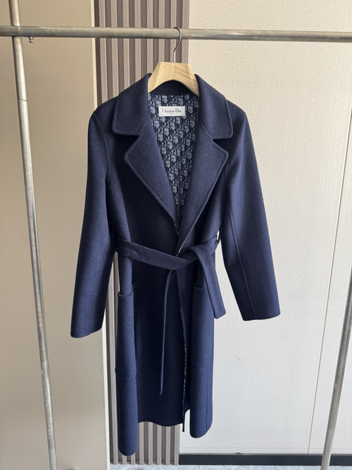 Dior Premium Navy Blue Suit Collar Long Outerwear with Dust Bag