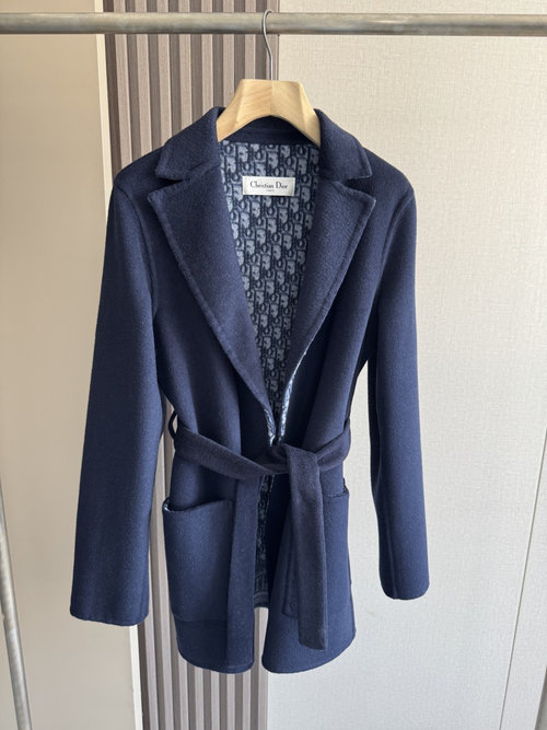 Dior Premium Navy Blue Suit Collar Short Outerwear with Dust Bag