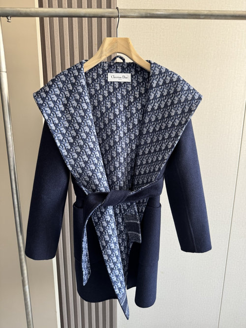 Dior Premium Navy Blue Hooded Long Outerwear with Dust Bag