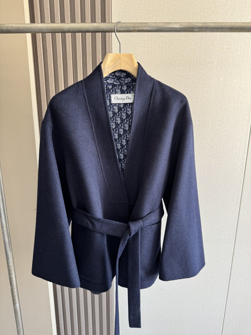 Dior Premium Navy Blue Large V-neck Short Outerwear with Dust Bag