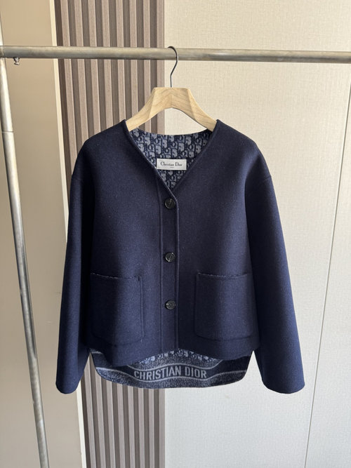 Dior Premium Navy Blue Single-breasted V-neck Short Outerwear with Dust Bag