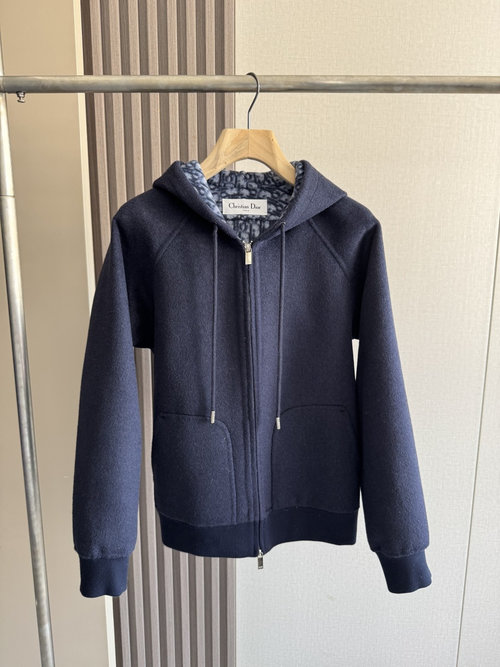 Dior Premium Navy Blue Single-zip Hooded Outerwear with Dust Bag