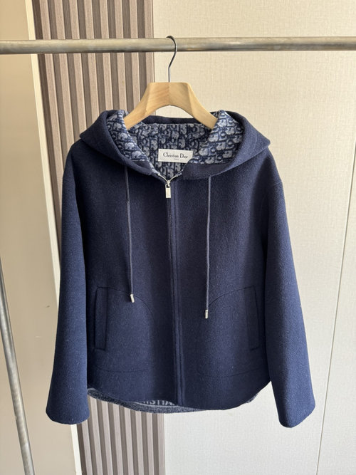 Dior Premium Dior-style Navy Hooded Single-zip Jacket with Dust Bag