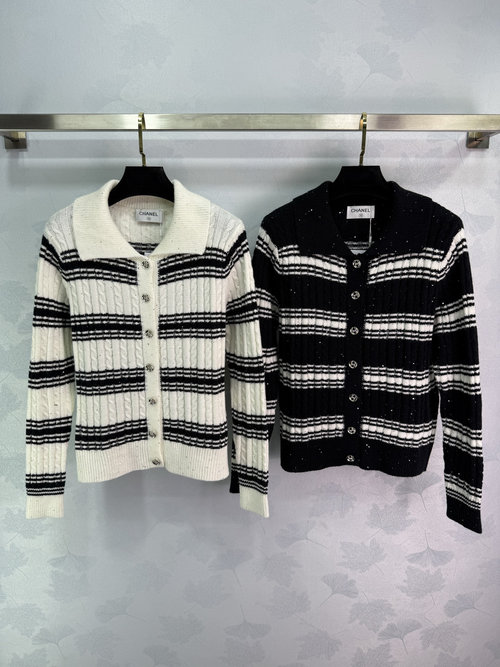 Chanel Striped Knit Cardigan and Skirt Set with Sparkling Sequins