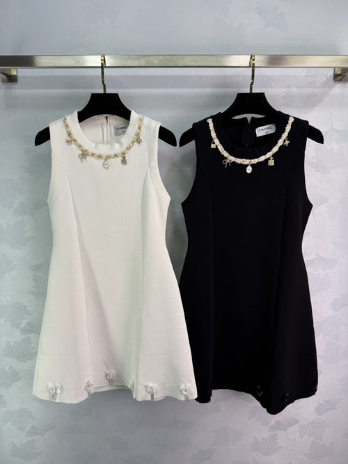 Chanel Little Black Dress with Pearl Chain and Fringe Hem in A-Line Silhouette