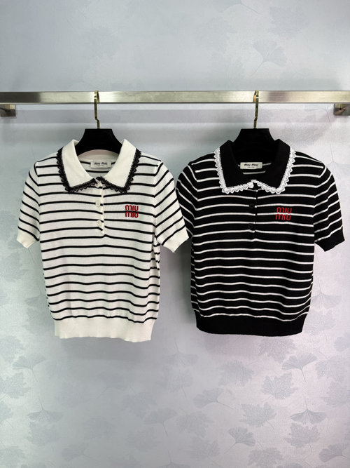 Miu Miu Black and White Stripe Knit Short Sleeve with Logo and Lace, Fashionable and Graceful