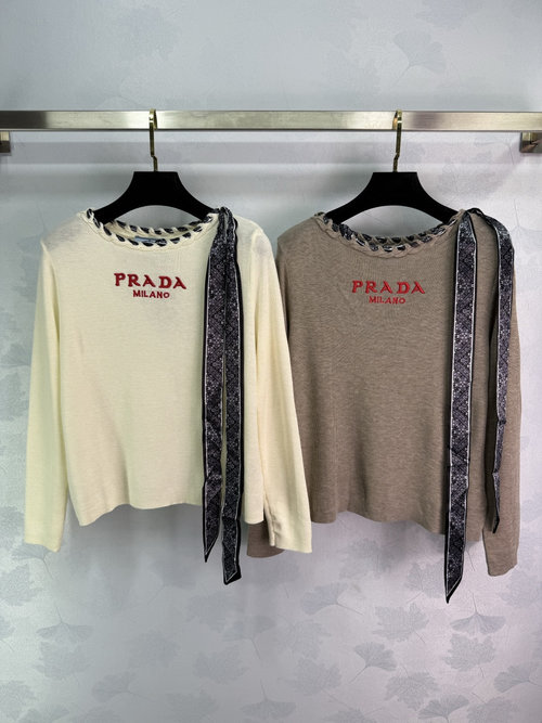 Prada Classic Letter-Embroidered Knit Top with Silk Scarf