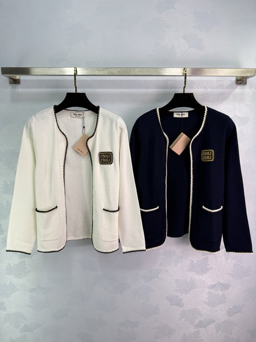 Chanel Classic Black and White Wave Edge Cardigan with Gold Logo Accent