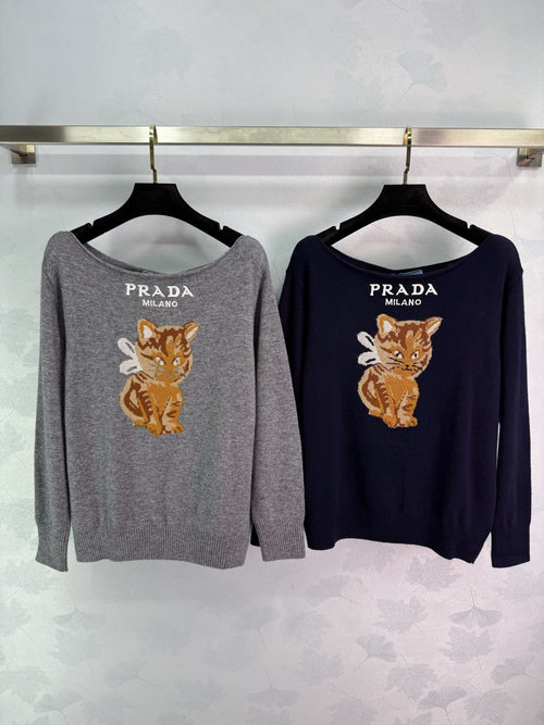 Prada Cat Embroidery Sweater with Wing Design, Loose Fit, Wool Blend Fabric