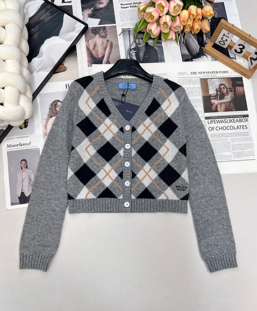 Prada Diamond Pattern Knit V-Neck Cardigan with Spiral Trim, Classic and Elegant