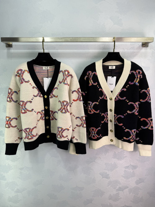 Celine V-Neck Knit Cardigan with Logo Jacquard and Gold Buttons