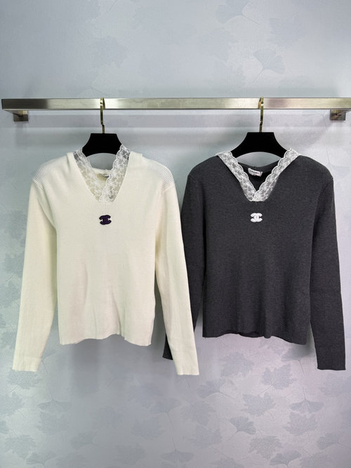Chanel Lace-trimmed Hooded Knit Sweater with Double C Logo