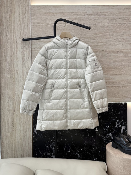 Moncler Classic Waist-Trimmed Mid-Length Down Jacket in Beige and Black