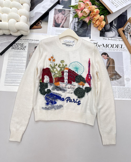 Dior Cityscape Embroidered Crew Neck Sweater Made with Premium Yarn for a Refined Look