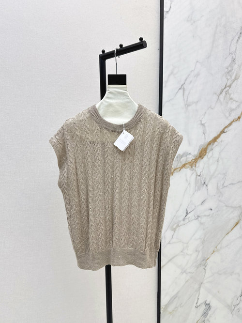 Brunello Cucinelli High-End Old Money Style: Lacy Linen Beaded Sleeveless Vest for Elegant Look