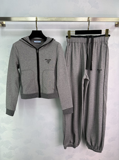Prada Hooded Zippered Jacket and Cuffed Pants Set with Embroidered Design