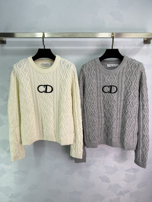 Dior Round Neck Diamond Pattern Knitted Sweater with CD Logo Embroidery