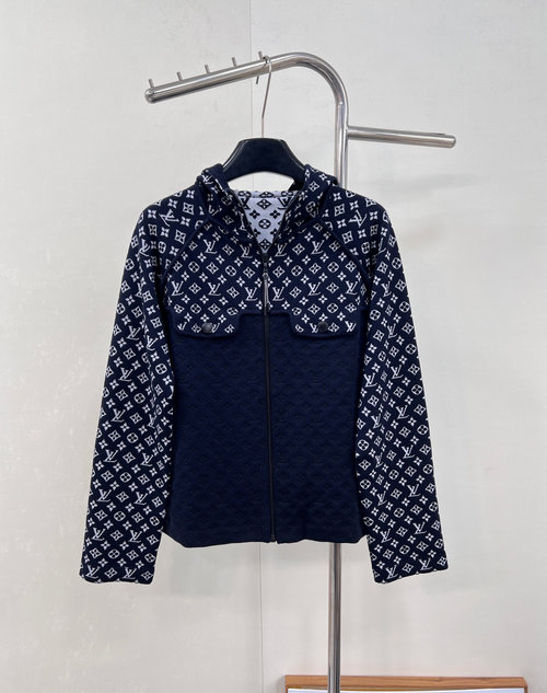 Louis Vuitton Zippered Hooded Knit Coat with Jacquard Logo, High-Quality and Stylish