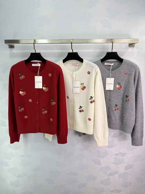 Valentino Knit Cardigan with Cherry Embroidery and Red Flower Accents