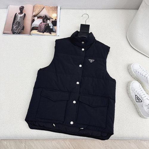 Prada Triangle Logo Collared Down Vest, Classic H Shape