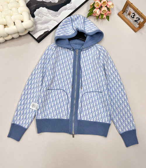 Dior Double-sided Hooded Cardigan with Solid and Floral Designs