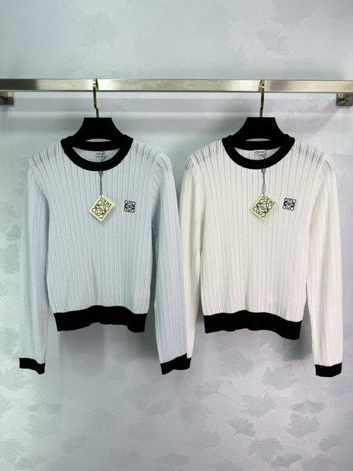 Loewe Black and White Contrast Knit Sweater with Logo Embroidery