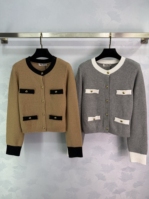Miu Miu Contrast-edged Round-neck Knit Cardigan, Luxurious and Fashionable