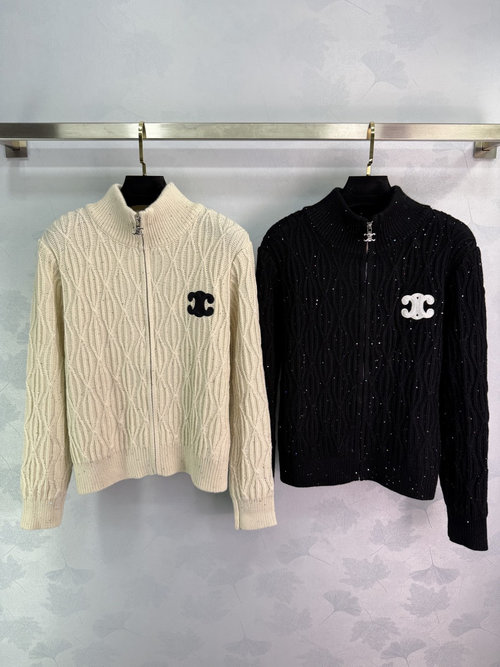 Celine Triumph Door Zip Knitted Cardigan with Classic Logo Embroidery