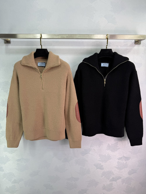 Prada Zipper Collar Knit Long Sleeve Sweater with Fine Wool Blend, Elbow Color Block Detail