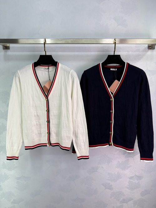 Miu Miu V-Neck Knit Cardigan with Miu Letter Jacquard and Colorful Trim