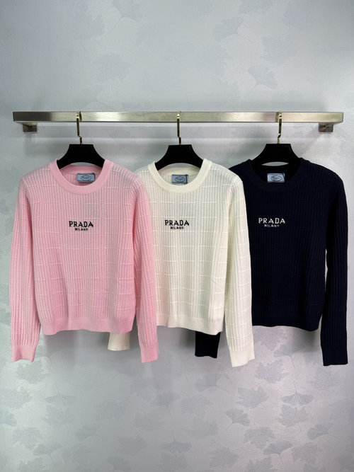 Prada Classic Brand Logo Knit Pullover with Color Block Pattern
