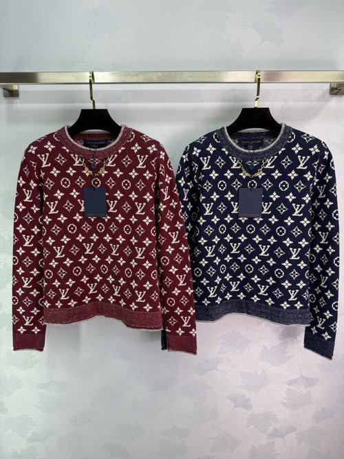 Louis Vuitton Custom Wool Knit Round Neck Top with Striped Trim and Clover Pattern