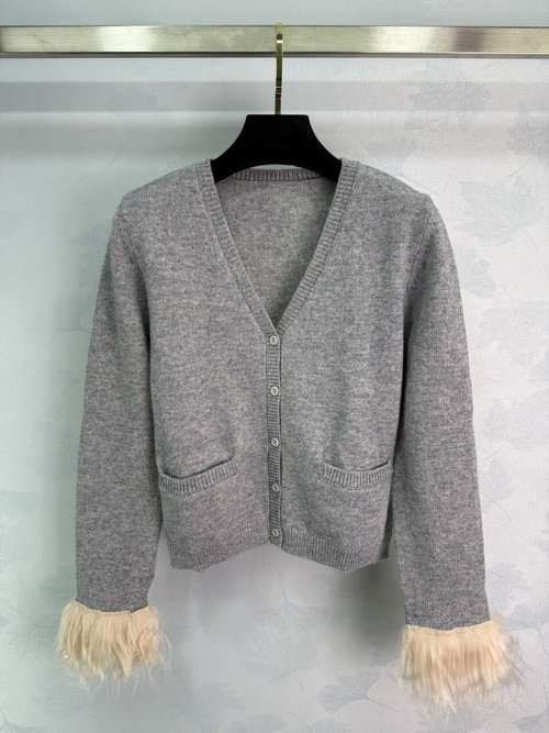 Prada V-Neck Long-Sleeve Knit Cardigan with Feather Cuffs