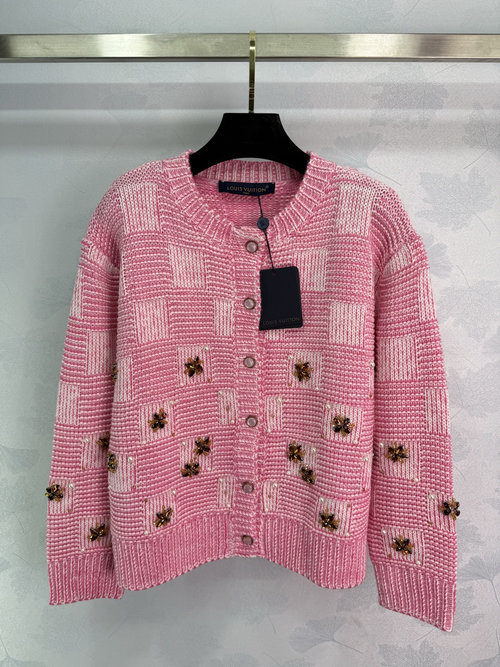 Louis Vuitton Pink Checkered Knitted Cardigan with Golden Flower Embroidery and Pearl Accents