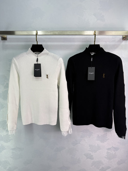 Yves Saint Laurent High Neck Knit Top with Lace Cuffs, Soft Wool Blend