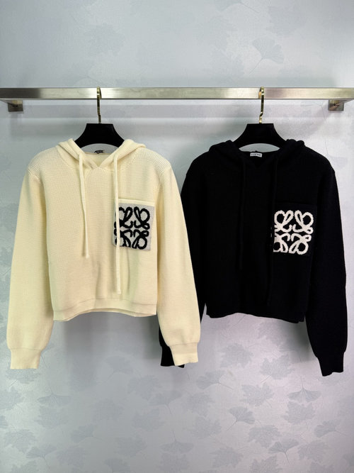 Loewe Hooded Knit Pullover Sweater with Pocket Logo and Ribbed Cuffs