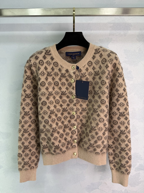 Louis Vuitton Round Neck Jacquard Knit Cardigan with Four - Leaf Clover Logo, Comfortable and Classic