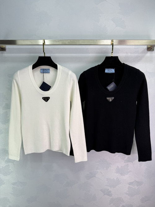 Prada Soft U-Neck Knit Long-Sleeve Top Featuring a Triangle Logo