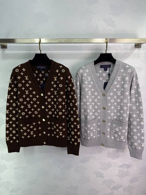 Louis Vuitton Embroidered Jacquard V-Neck Cardigan Showcasing LV Classic Monogram